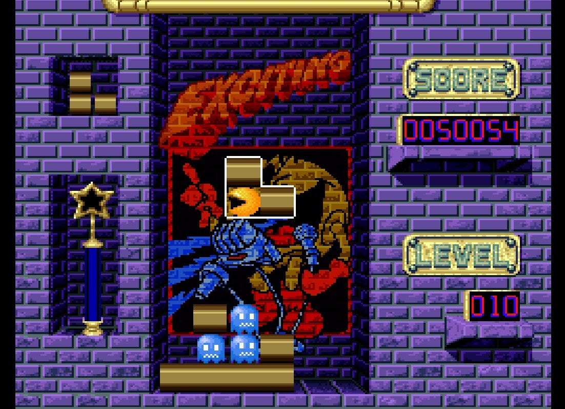 A screenshot from the SNES edition of Pac-Attack, featuring three Ghosts (in place of Jamms) lined up and prepare to be eaten by Pac-Man, who has replaced the orbs that would clear the Jamms in Cosmo Gang the Puzzle.