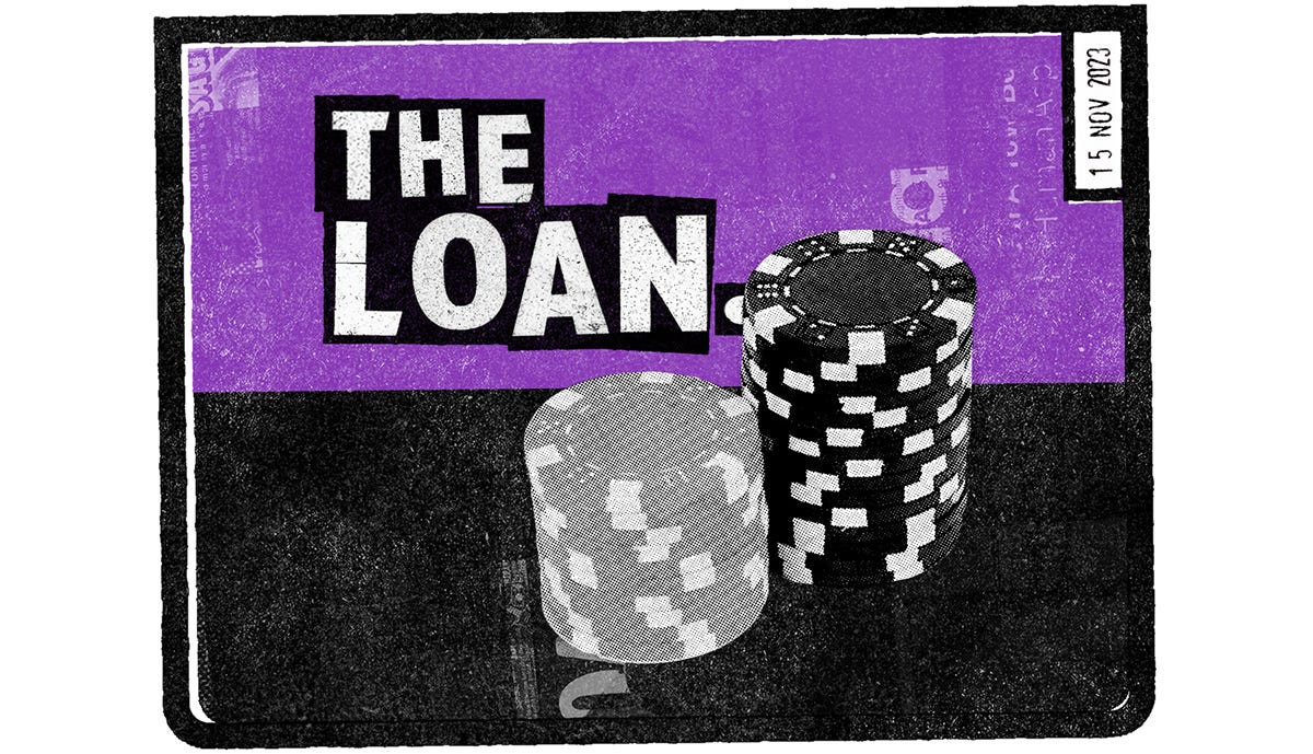 Two stacks of casino chips on a purple background, with the title 'The Loan'.