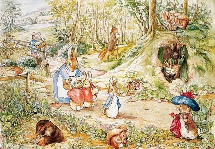 This may contain: a painting of rabbits and other animals in the woods