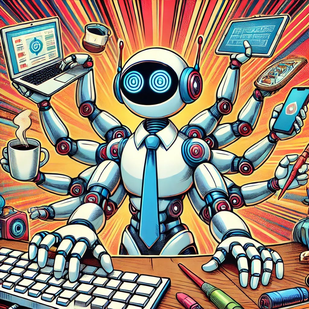 Imagen en estilo cómic de un robot de múltiples brazos, ocupado en multitud de tareas al mismo tiempo.