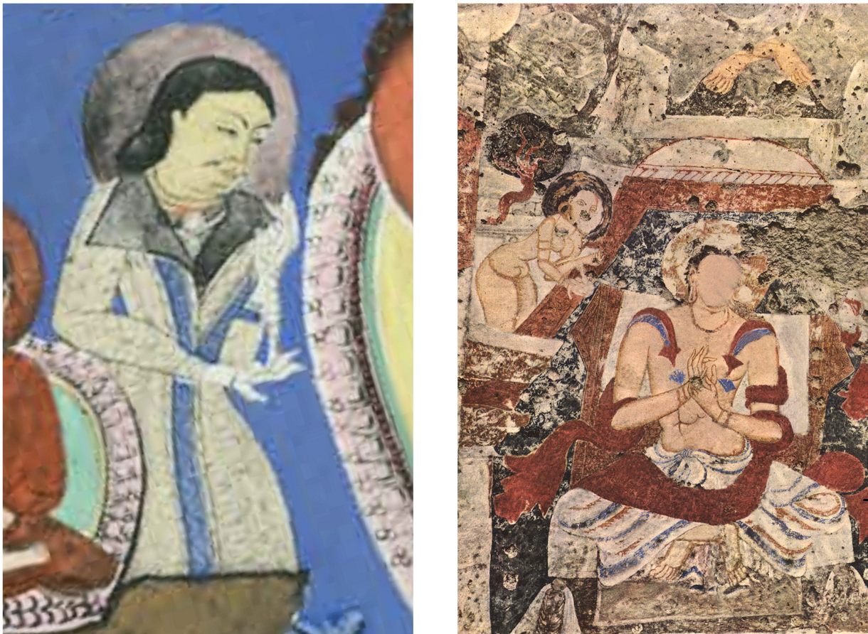 Pictures of murals painted in caves next to the Buddhas of Bamiyan