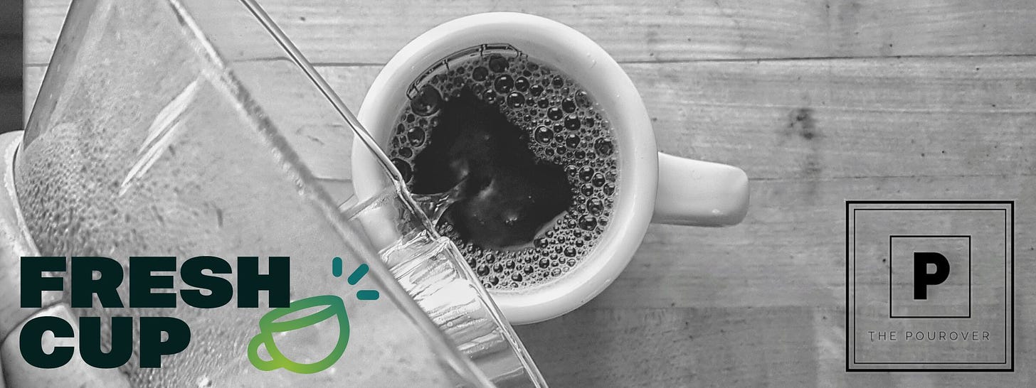 A Chemex pouring coffee into a cup on a table, seen from above, overlaid with logos for Fresh Cup Magazine and The Pourover