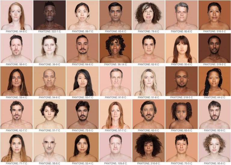 Faces of people who's skin is matched to a Pantone color in the background