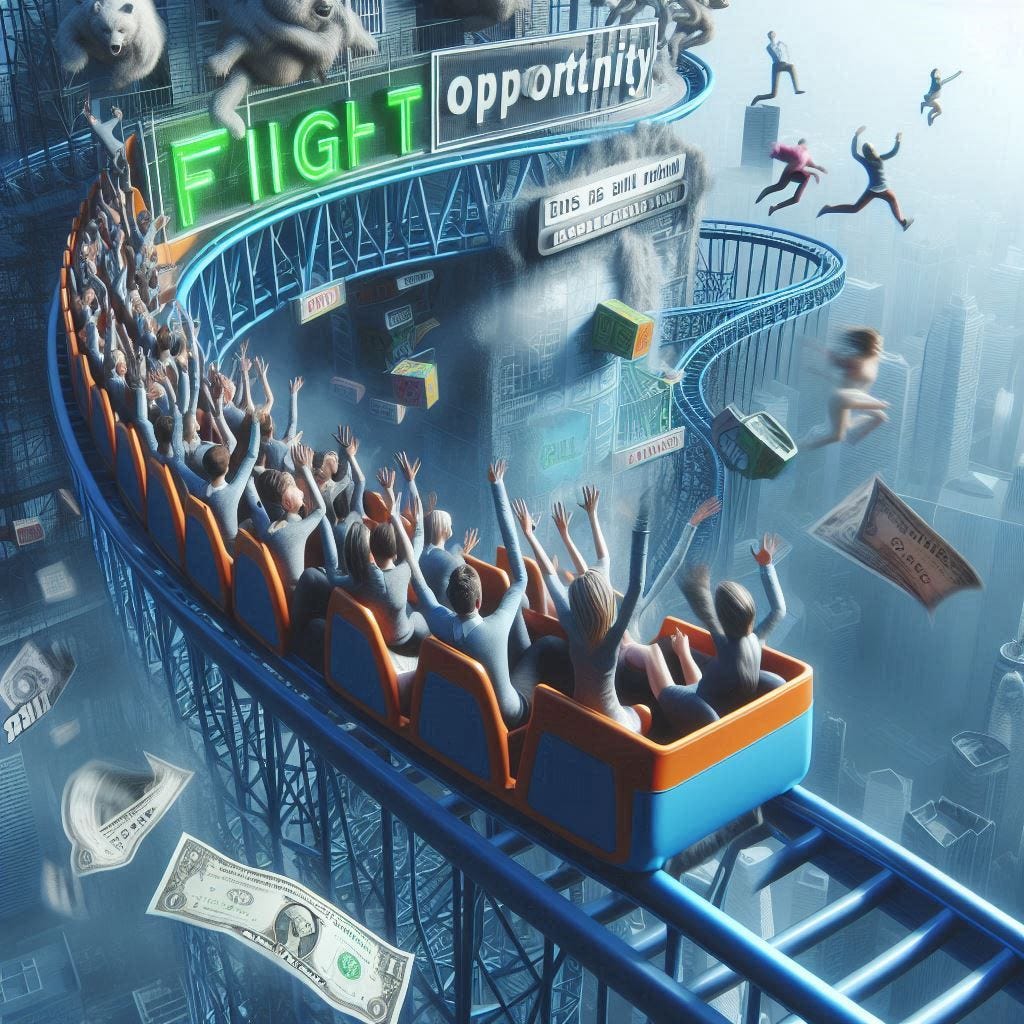 Una imagen hiperrealista que represente la sensación de caídas y pánico, pero también una oportunidad vestida de susto. Podría incluir elementos como una montaña rusa financiera, personas asustadas pero algunos aprovechando la oportunidad para comprar.