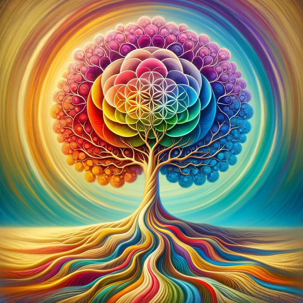 A visually rich representation of the tree of life using the Spiral Dynamics color scheme. The tree's roots extend deep down, reflecting the first-tier levels of Spiral Dynamics with vibrant colors like beige, purple, red, blue, orange, and green. The trunk emerges prominently in a distinct yellow, symbolizing transition and complexity. The tree's branches and limbs extend upwards, reaching into a turquoise sky, representing flourishing and higher consciousness. The image is set in a serene, natural landscape to enhance the theme of growth and evolution.