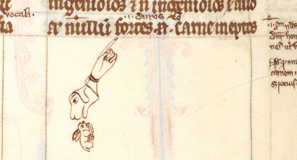 elvia wilk on Twitter: "motion to bring back the manicule, the medieval  method of marking important passages in books with drawings of little  pointy hands https://t.co/eaATdNI9q5" / Twitter