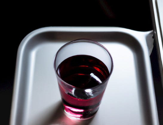 a water glass filled with red wine on a airplane tray table
