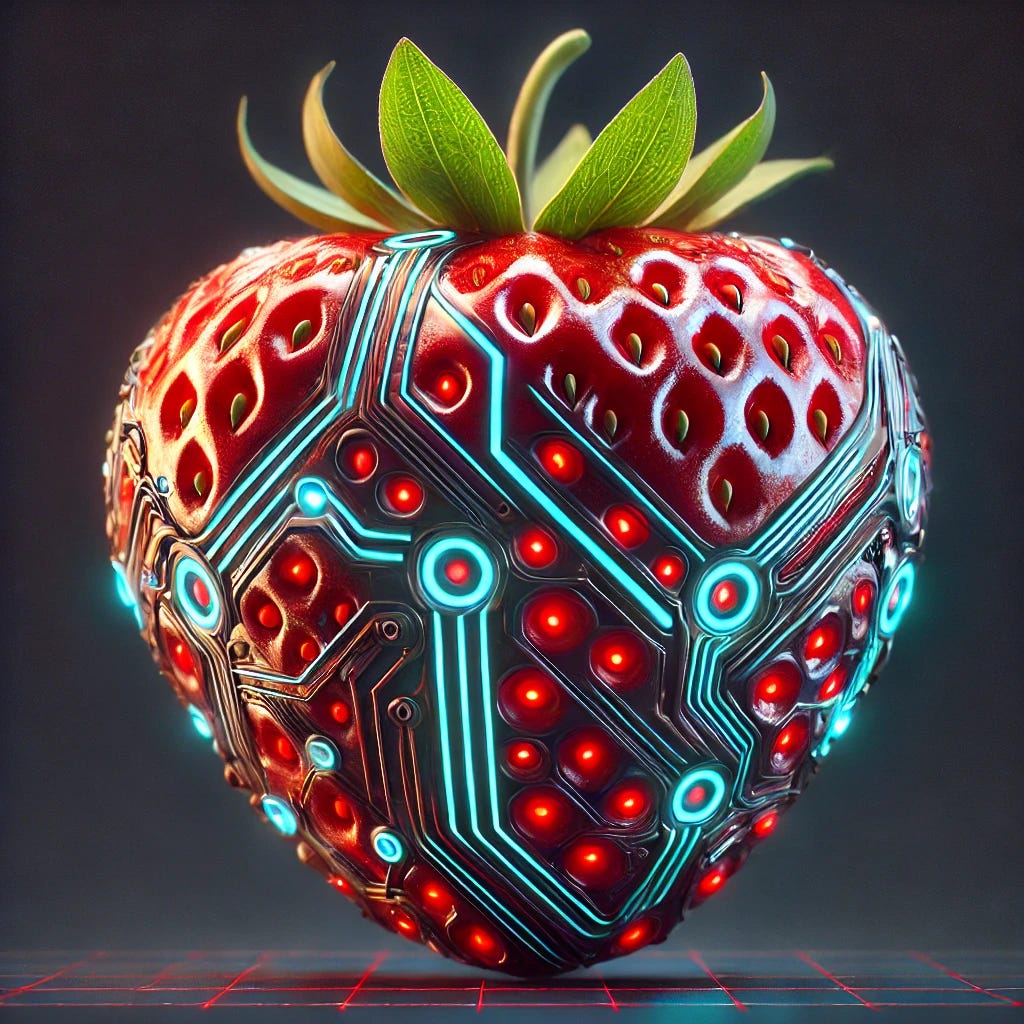 A futuristic, digitized strawberry with a cybernetic appearance. The strawberry should have a high-tech look, featuring glowing lines, circuit-like patterns, and digital textures that resemble a blend of organic fruit and advanced technology. The strawberry's surface should have a mix of red and metallic shades, with small blue and green glowing lights embedded into it, giving the impression of a digital or cyber strawberry. The background should be dark to emphasize the glowing and high-tech elements of the strawberry.