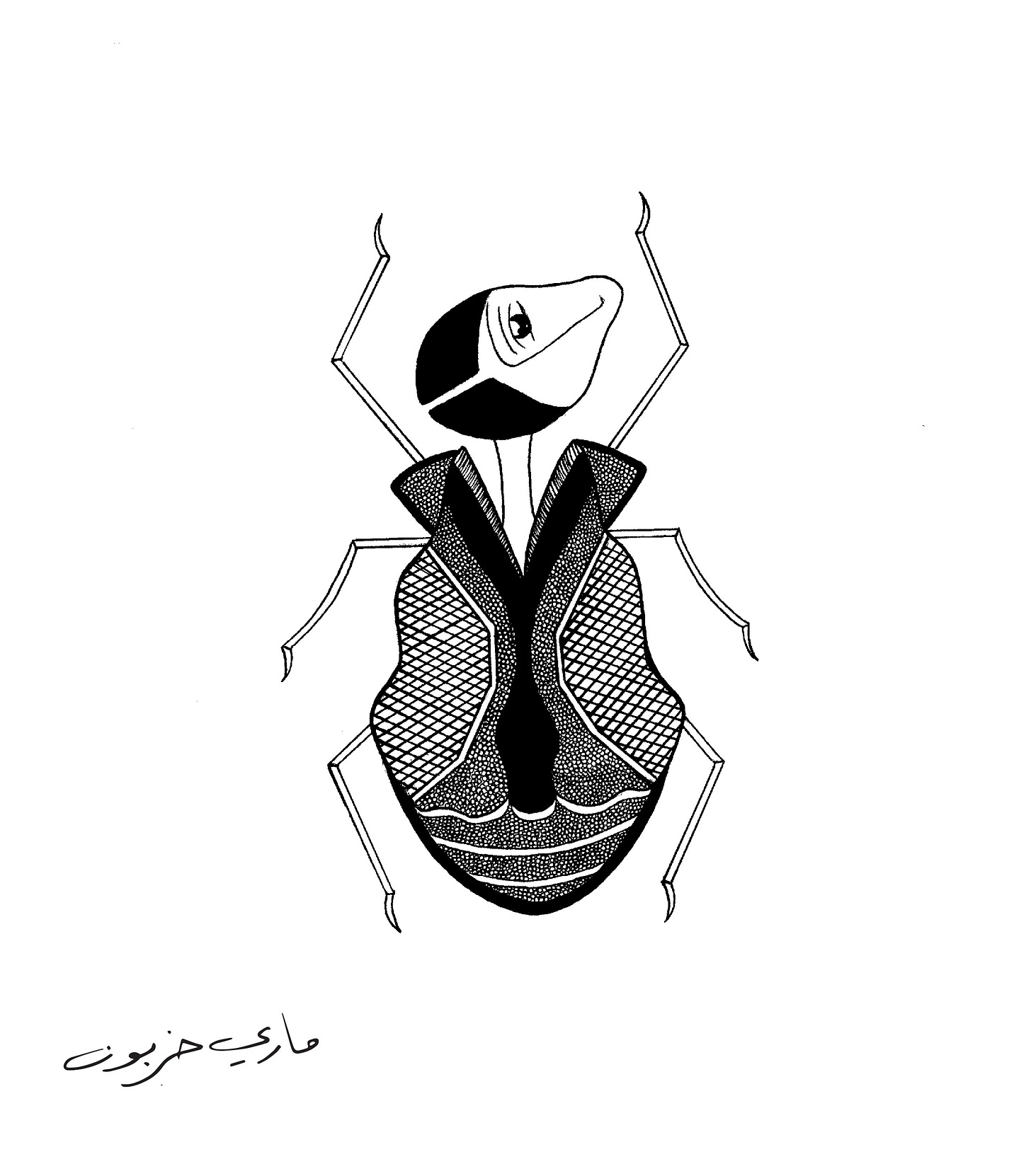A bug with a body of patterns and the head of a woman. the women has only one eye