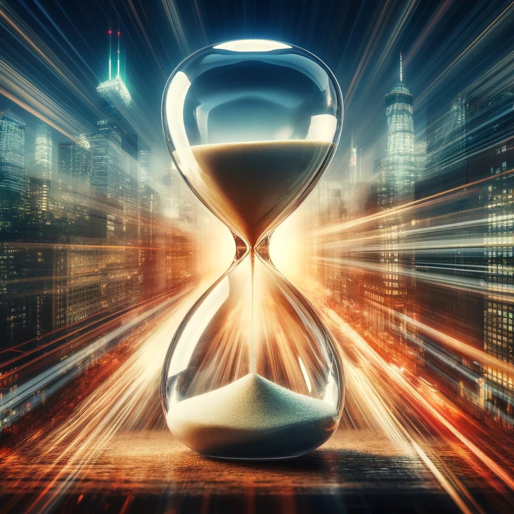 A compelling and thought-provoking image of an hourglass with sands of time running out, set against a backdrop of a chaotic, blurred cityscape. This imagery represents the fleeting nature of time and the urgency of living in the moment amidst the busyness of modern life. The contrast between the serene hourglass and the hectic background emphasizes the message.