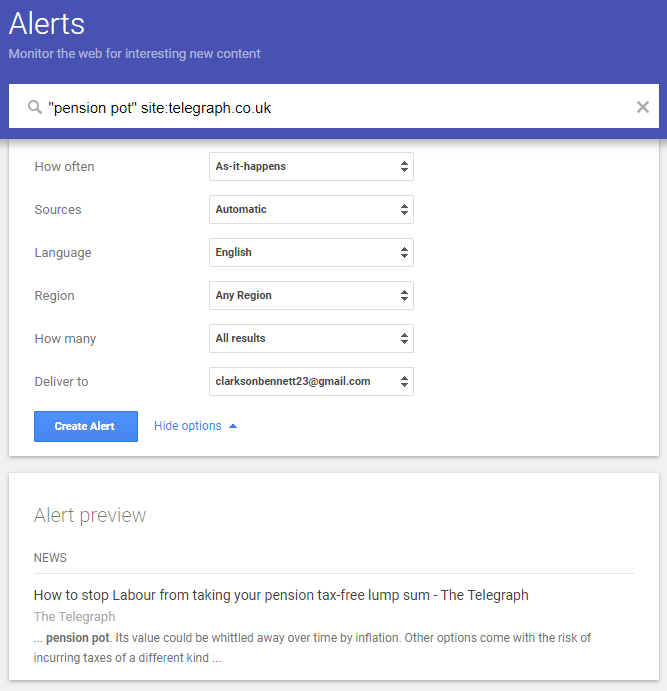 Google Alert settings for "pension pot" site:telegraph.co.uk