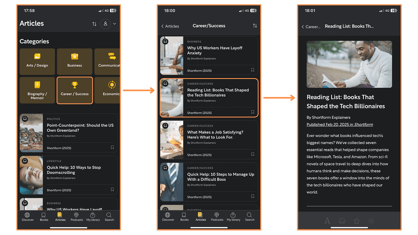 Shortform’s Articles (mobile app + dark mode)