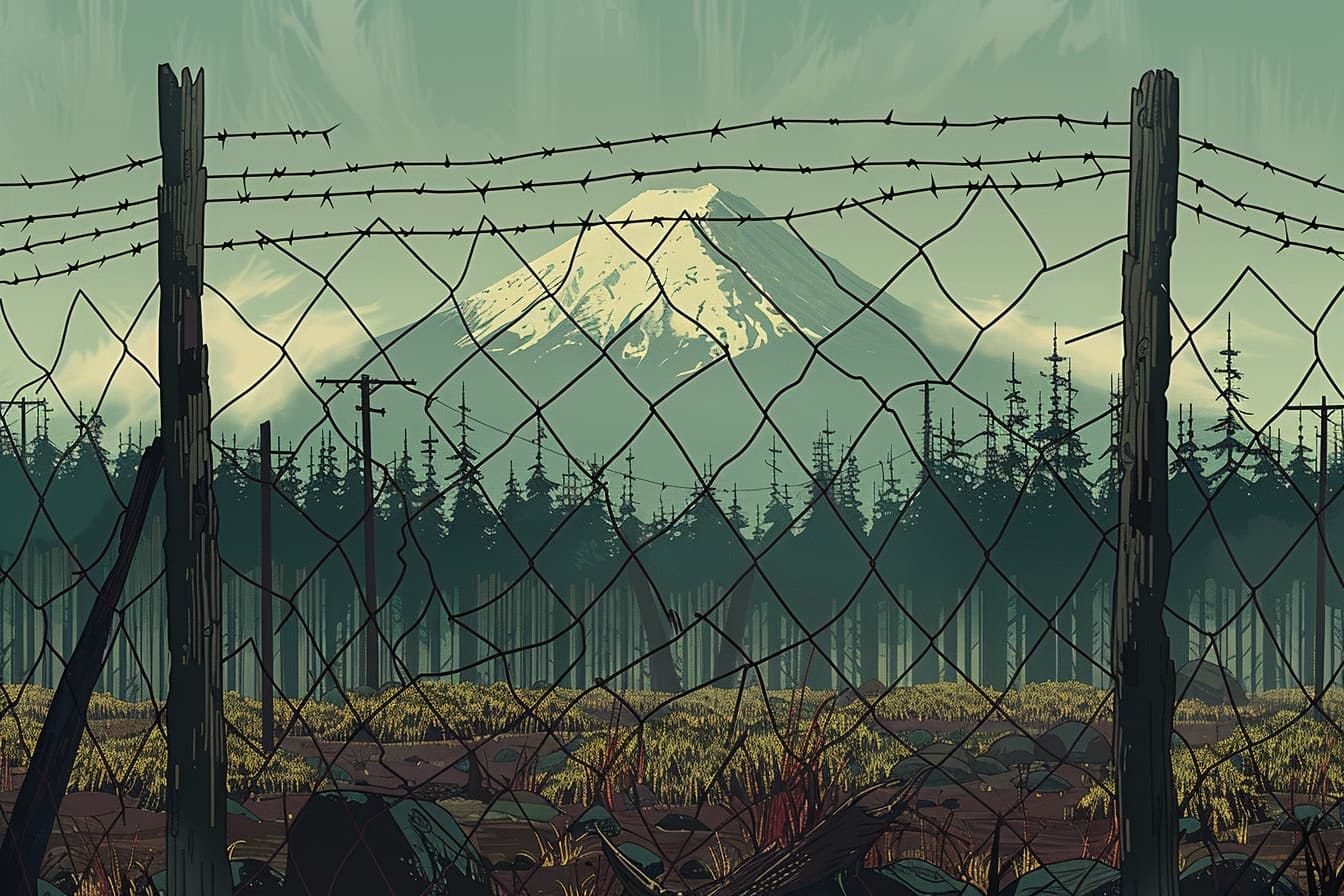 A barbed wire fence stands in the foreground, a stark contrast to the desolation of the post-apocalyptic world beyond. A snow-capped mountain looms in the distance under a heavy, overcast sky.
