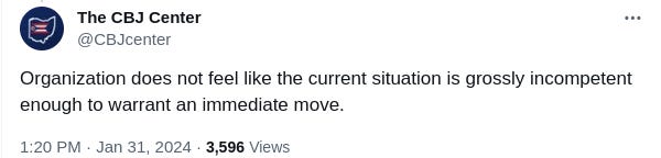 A tweet from The CBJ Center: Organization does not feel like the current situation is grossly incompetent enough to warrant an immediate move.