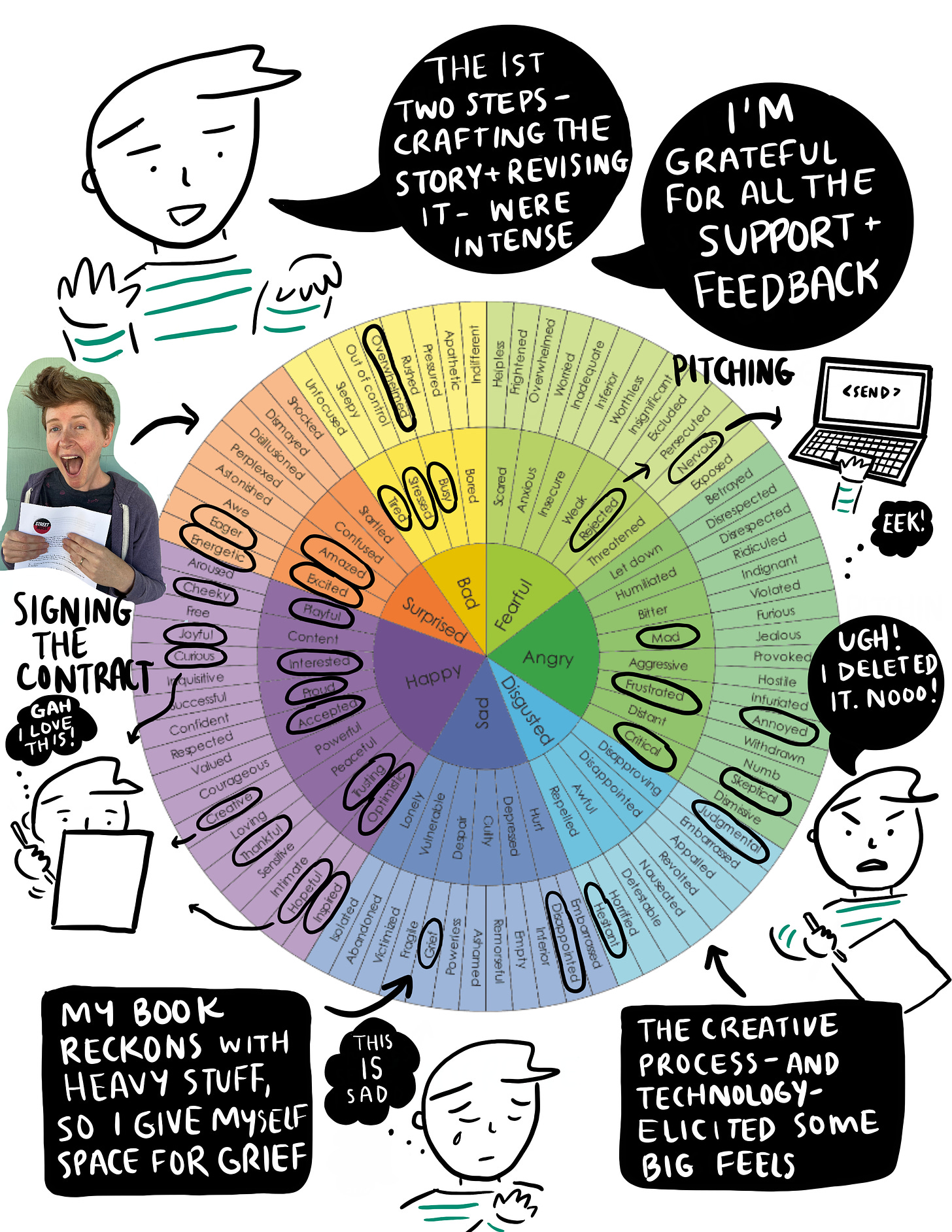 The feelings wheel with small illustrations explaining the various feelings that arose thru this process