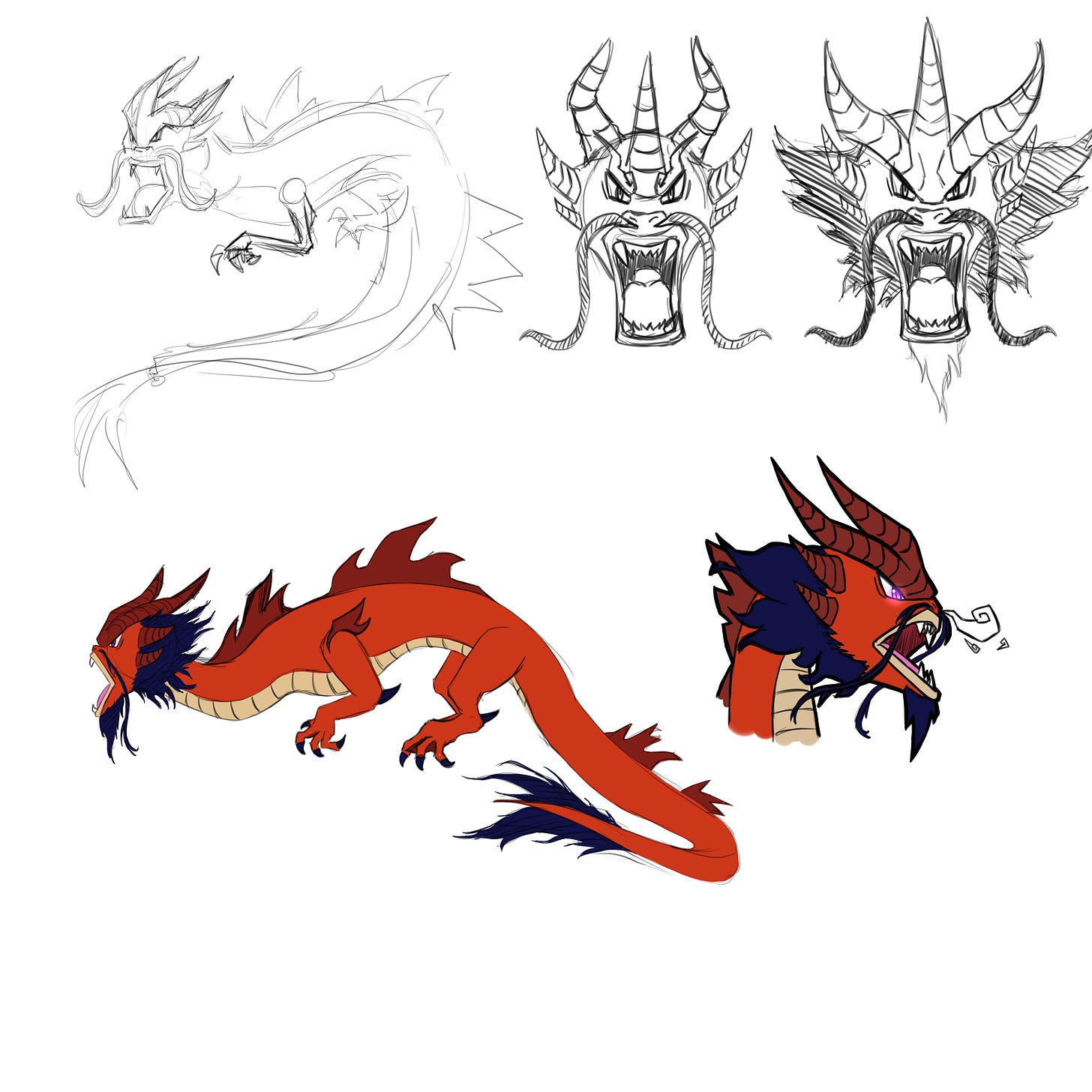 Early sketches of Vermilion Calamity, including a full version showing the entire Pokémon (Artist: Glaedrax)