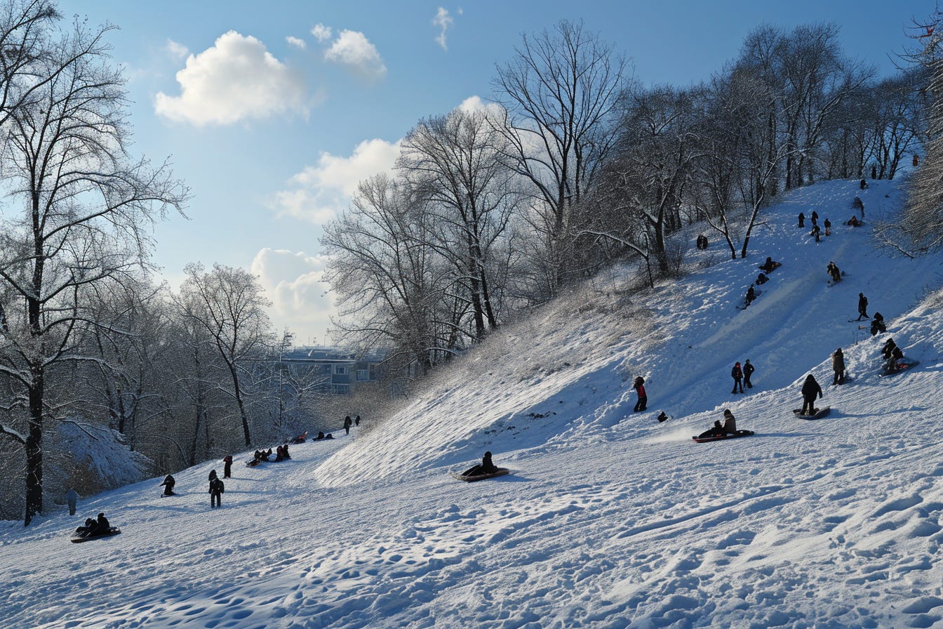 Illustration: Many people sliding down the serpentines of a snowy mountain on a sunny winter day