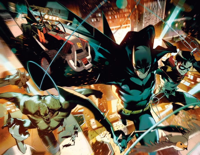 Batman and Robin cover art featuring both characters in an action shot with a couple villains in the background.