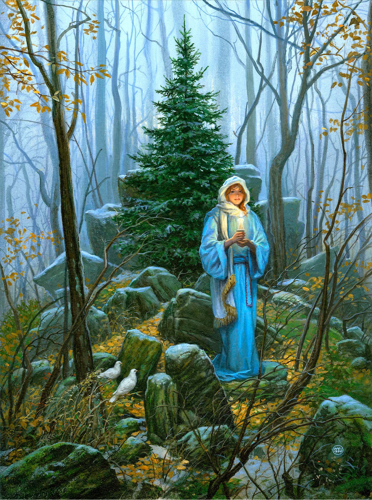 Cupping a candle in her hands, a woman in pale blue robes stands on a rock strewn hill in an autumnal wooded scene. Her cheeks are flush in the glow of the flame. White cloth wraps her head, constraining red hair. The wrap drapes down her side falling with a shawl-like fringe. A Douglas fir rises behind her, an evergreen amid bare skeletal trees with barely any leaves. Golden leaves carpet the forest floor. Two white doves perch on the ground nearby.