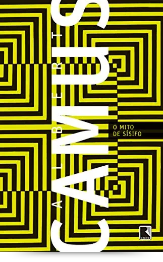 Capa do livro "Camus: O Mito de Sísifo" com padrão geométrico em preto e amarelo e o título em branco.