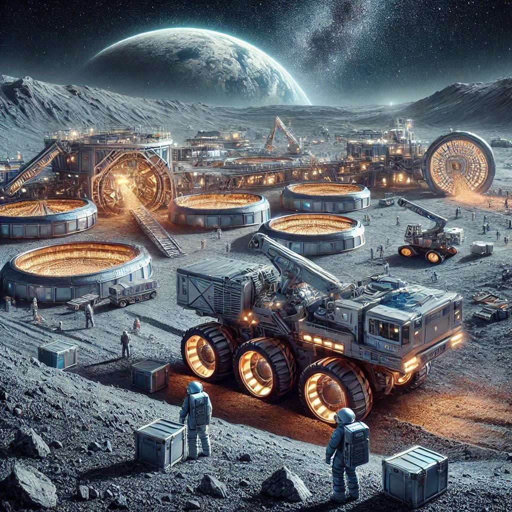 A futuristic lunar mining operation extracting Helium-3 from the Moon's surface. The scene features large, advanced mining rovers with robotic arms digging into the regolith, processing stations refining Helium-3, and astronauts in high-tech space suits supervising the operation. The landscape is illuminated by Earth in the background, with a dark starry sky above. A massive transport shuttle is docked nearby, ready to carry Helium-3 back to Earth. The overall aesthetic is highly detailed, realistic, and futuristic.