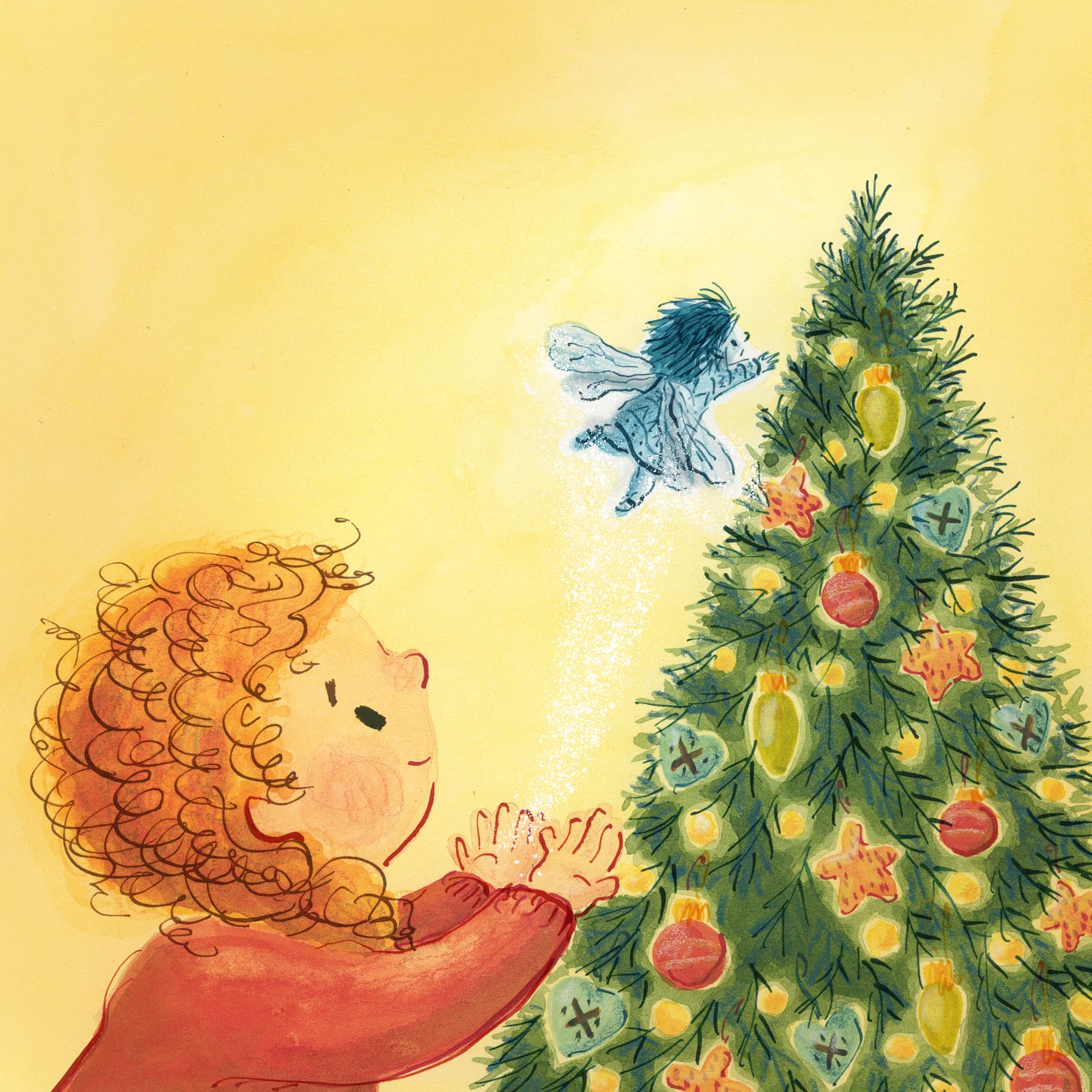 Illustration of a young ginger haired girl gently supporting a winter fairy who is trying hard to fly high enough to reach the top of a decorated Christmas tree. Picture book style illustration by Nanette Regan