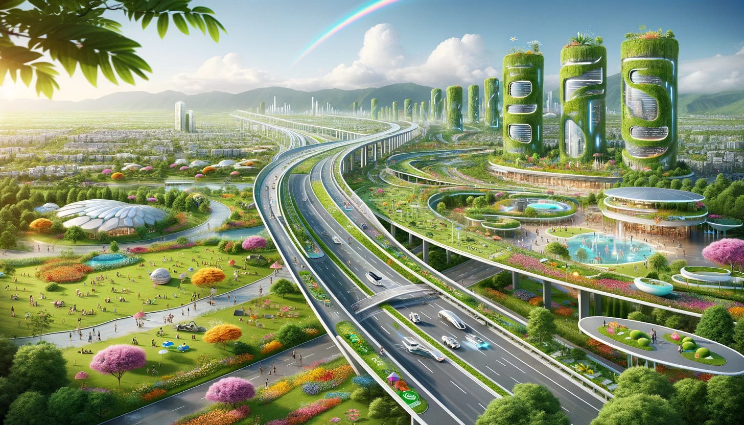 A futuristic highway running through a green techno utopia, with a focus on happiness and nature. The highway is sleek and modern, with automated vehicles and smart infrastructure. Surrounding the highway are lush green landscapes with colorful flowers, trees, and parks. Parallel to the highway are nice country roads, winding through the scenery, lined with trees and flowers. Towering futuristic buildings are covered in greenery and solar panels, blending seamlessly with nature. People are seen enjoying outdoor activities, and there are vibrant public spaces with fountains and sculptures. The sky is clear with a rainbow, and the overall atmosphere is joyful and harmonious, emphasizing the integration of advanced technology with the natural environment.