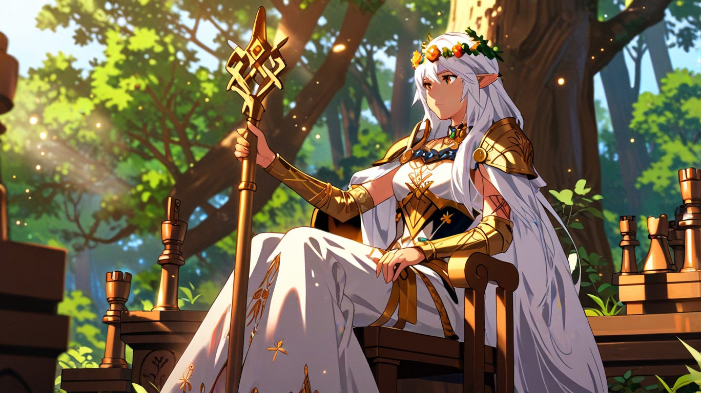 ilustración estilo manga de una reina elfica sentada en su trono