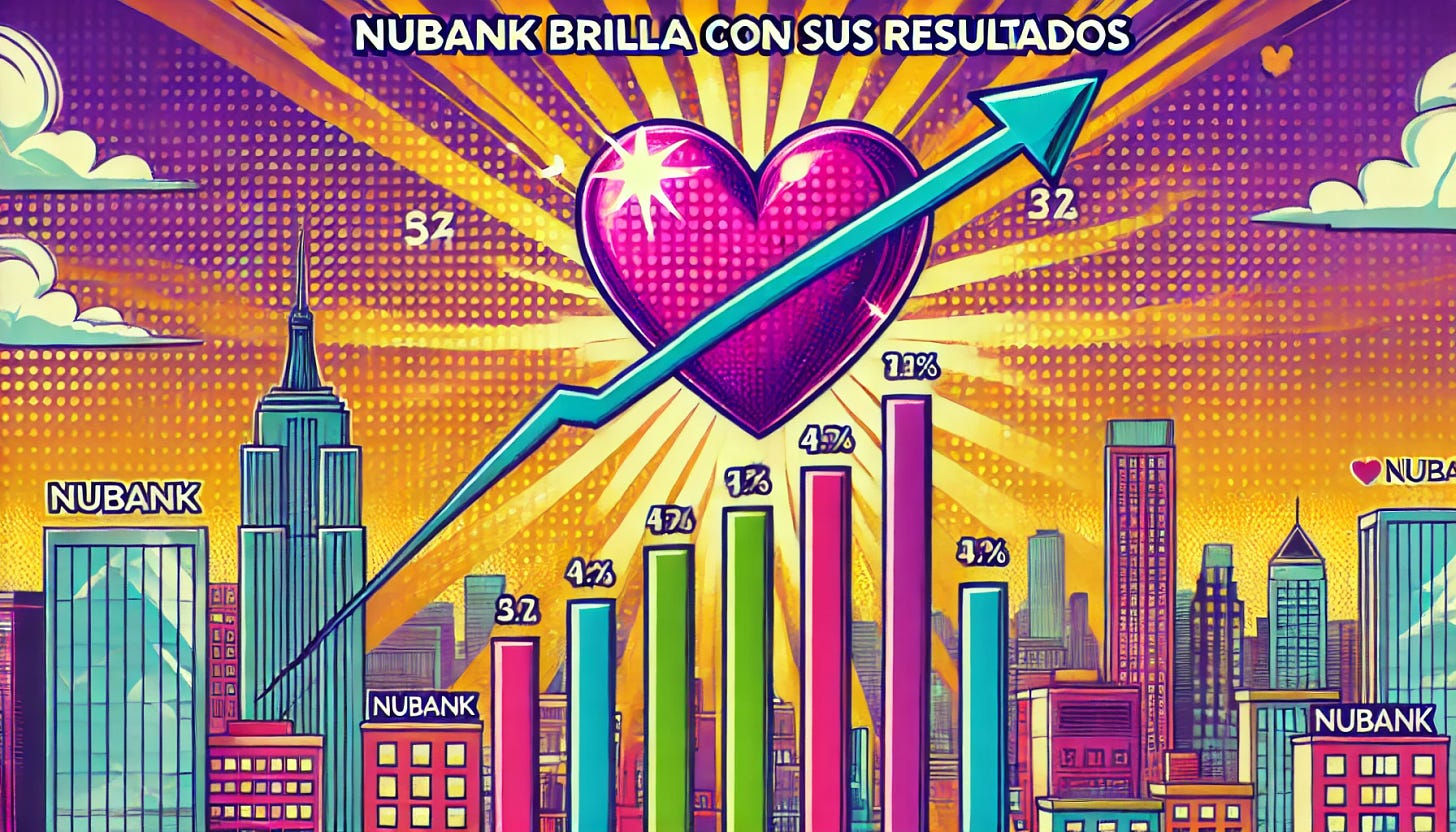 A vibrant and colorful pop-art style illustration depicting the financial success of Nubank, featuring a large, radiant purple heart symbolizing growth and success, set against a backdrop of an urban skyline with skyscrapers. The image should convey a sense of dynamism and progress, suitable for a financial newsletter. Include the text 'Nubank Brilla con sus Resultados' in an eye-catching, bold font. The image should be horizontal and in 16:9 format.