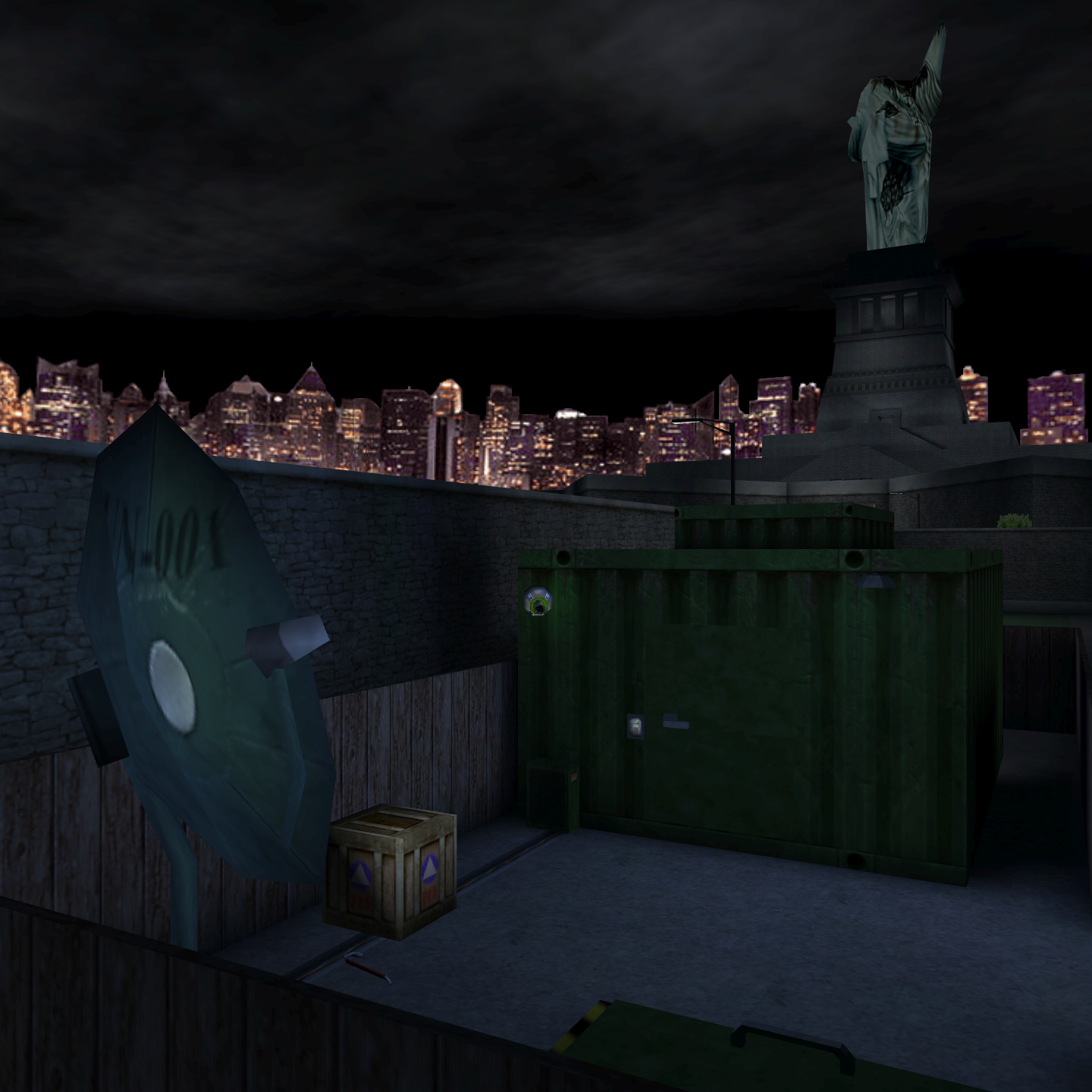 Screenshot of Deus Ex featuring the UNATCO comms van with a headless Statue of Liberty in the background.