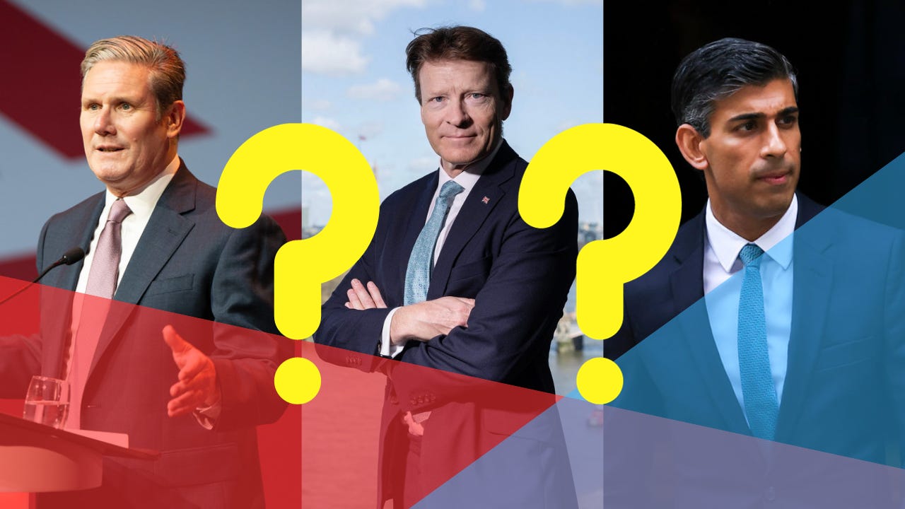 A graphic featuring Sir Keir Starmer, Richard Tice and Rishi Sunak.