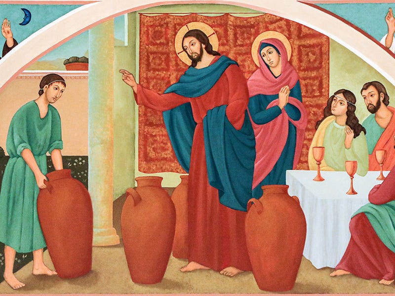 A traditional illustration of Jesus performing the miracle of turning water into wine at the wedding at Cana. His hand is extended over the jugs as people look on.