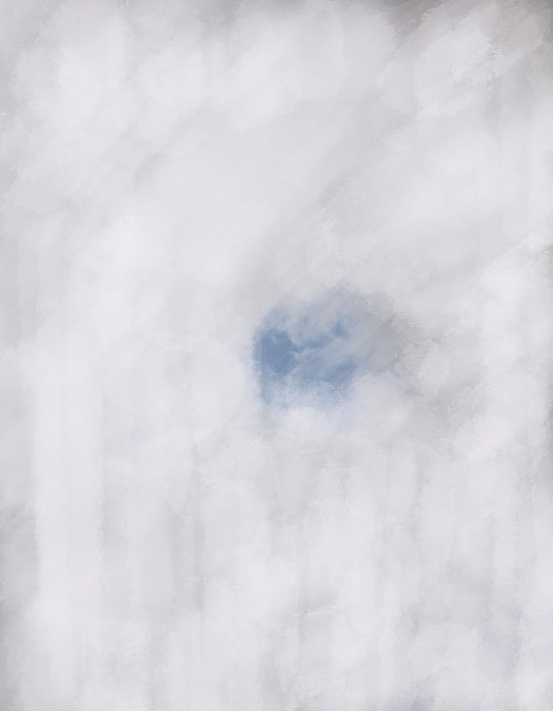 Abstract painting by Sherry Killam Arts, a white cloud or blanket rectangle with a blue hole showing sky.