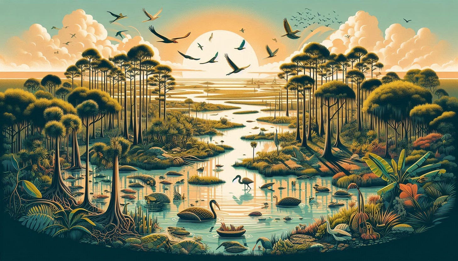 An artistic illustration of the Everglades at sunrise, featuring vibrant wetlands with flowing water, tall cypress trees, lush vegetation, and various birds in flight, creating a serene and picturesque view.