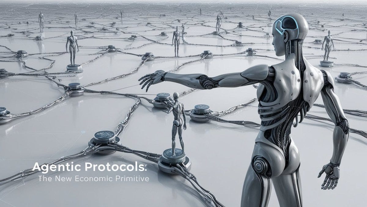 Agentic Protocols: The New Economic Primitive

Depicting a big robotic humanoid looking over a neural network