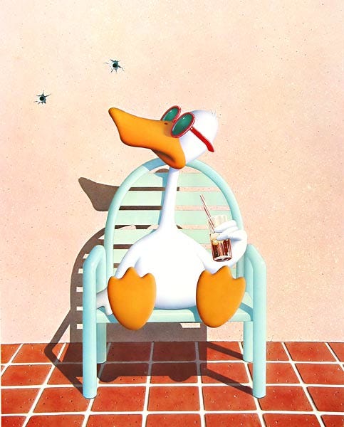 Illustration by Michael Bedard of a stylized duck sitting in a blue beach chair sipping a cold drink.