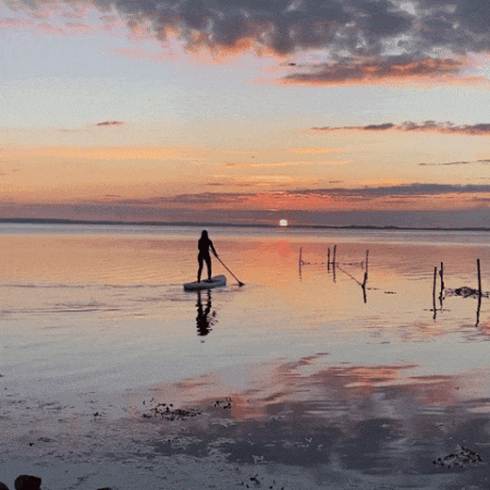 Una persona rema su una tavola da paddle in uno specchio d'acqua tranquillo durante un tramonto. Il cielo è colorato con sfumature di rosa, arancione e blu, e il sole si riflette sull'acqua calma, creando un'atmosfera serena. Una persona rema su una tavola da paddle in uno specchio d'acqua tranquillo durante un tramonto. Il cielo è colorato con sfumature di rosa, arancione e blu, e il sole si riflette sull'acqua calma, creando un'atmosfera serena.