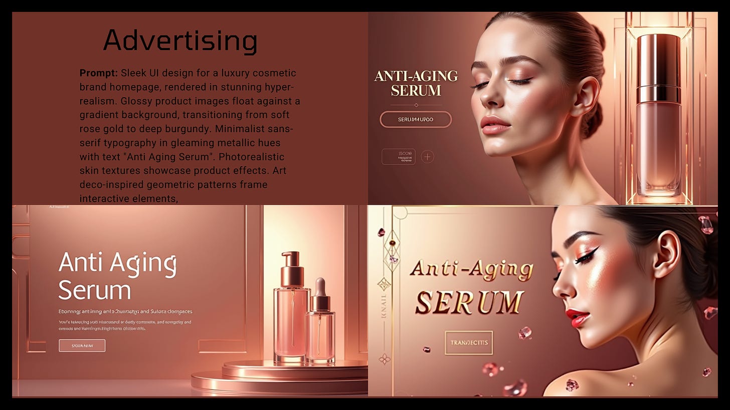 Sleek UI design for a luxury cosmetic brand homepage, rendered in stunning hyper-realism. Glossy product images float against a gradient background, transitioning from soft rose gold to deep burgundy. Minimalist sans-serif typography in gleaming metallic hues with text "Anti Aging Serum". Photorealistic skin textures showcase product effects. Art deco-inspired geometric patterns frame interactive elements,