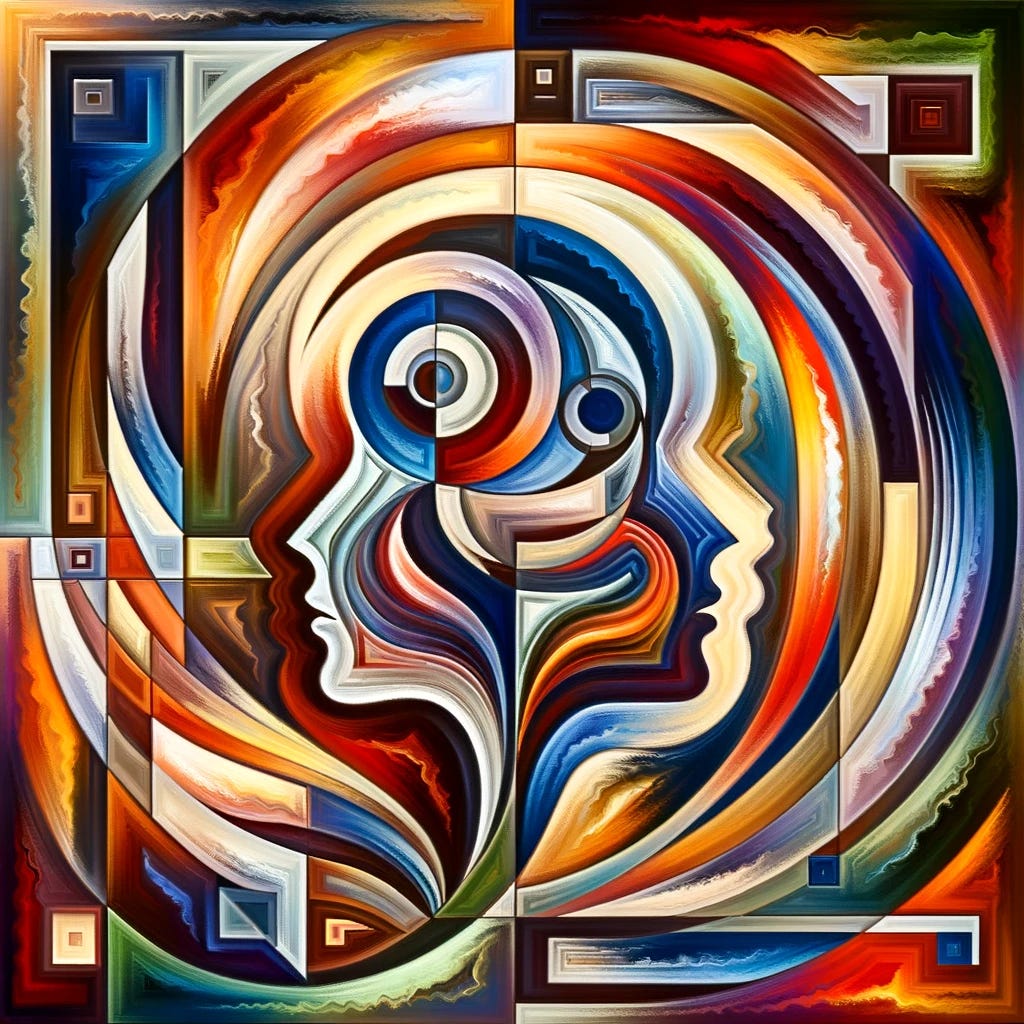 Create an ultra-abstract image representing the connection between two people. The artwork should be extremely abstract, with the human figures represented as mere suggestions or essences, using geometric shapes or fluid, organic forms. The color scheme should be eclectic, incorporating a wide range of hues to create a visually stimulating effect. The background should be equally abstract, with textures and patterns that complement the main figures. The overall composition should be avant-garde, focusing on conveying the idea of a connection in an innovative and unconventional manner.