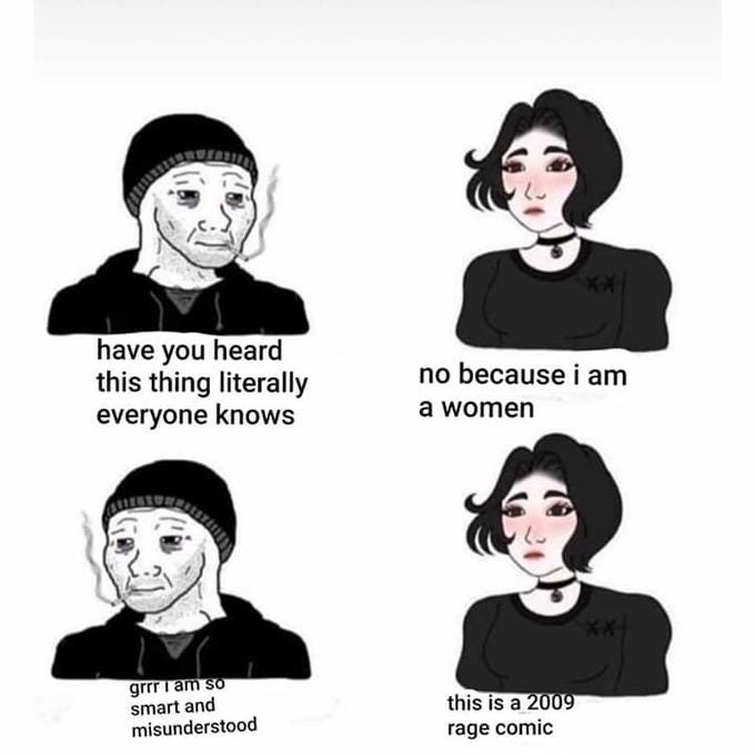 have you heard this thing literally no because i am a women everyone knows grr i am so smart and misunderstood this is a 2009 rage comic