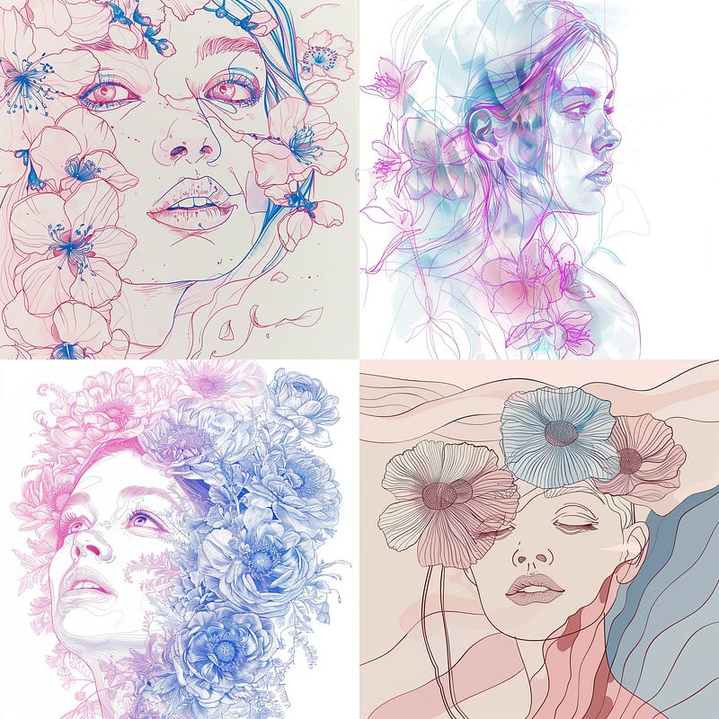 Beautiful woman with flowers in pink and blue tones.