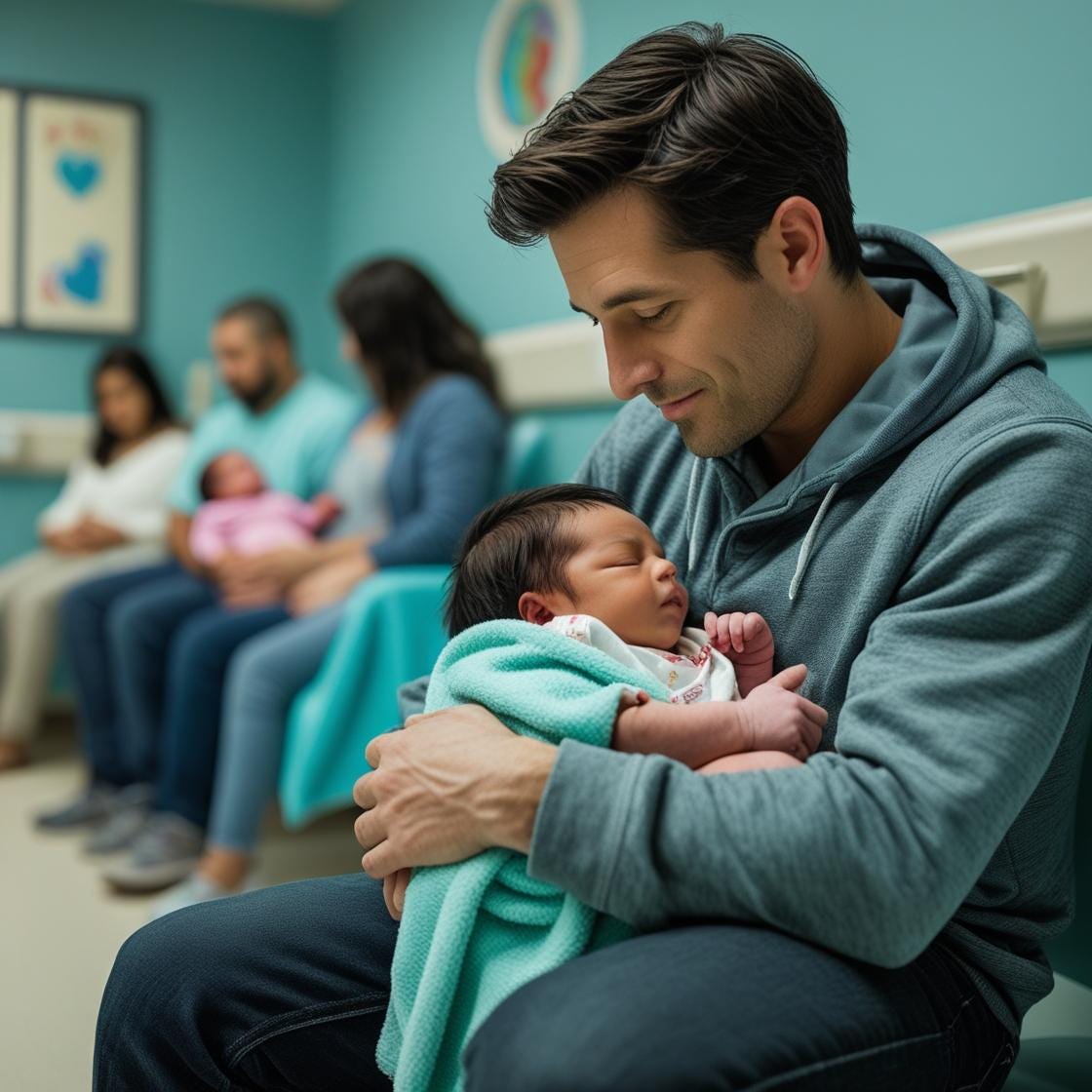 A young father in his late 40s sits quietly in a pediatric waiting room, holding his baby daughter close to his chest. He’s focused on his child, eyes full of gentle presence. The room is softly lit, warm teal/turquoise-toned, with a few tired parents and newborns in the background (blurred for depth of field). The father wears everyday clothes—jeans, hoodie or plain T-shirt. The baby is bundled in a light teal blanket, resting peacefully. The scene feels real, unfiltered, and quietly powerful—an ordinary moment made extraordinary by love.