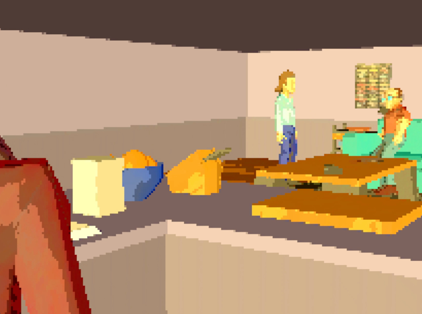 Screenshot of the AI Seinfeld stream, showing blocky pixelated characters meandering around in a metaverse-from-1980 vibe indeterminate apartment space. It’s ugly. Screenshot of the AI Seinfeld stream, showing blocky pixelated characters meandering around in a metaverse-from-1980 vibe indeterminate apartment space. It’s ugly.