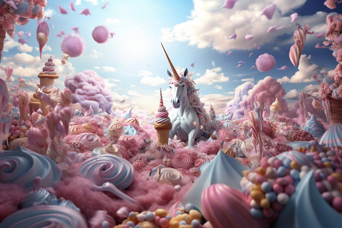 Midjourney result for "Unicorn surrounded by ice cream" at 2x Zoom Out level