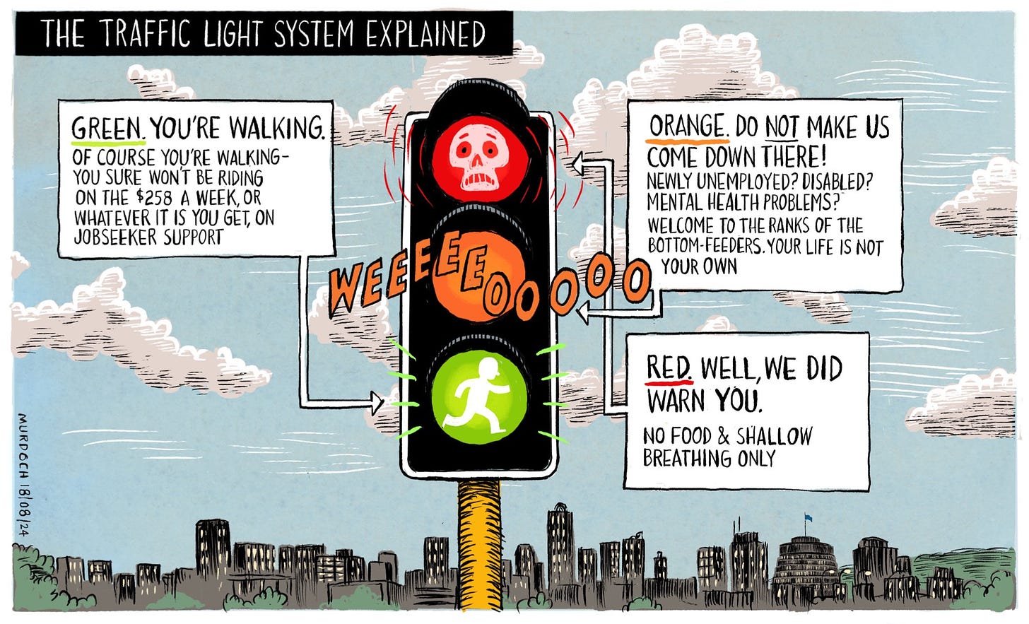 Cartoon. Title: The Traffic Light System Explained. Picture, a traffic light against a city backdrop. The traffic light is labelled. “Green. You’re walking. Of course you’re walking - you sure won’t be riding on the $258 a week, or whatever it is you get on Jobseeker Support”  The next one, points to the orange light. “Orange. Do not make us come down there! Newly unemployed? Disabled? Mental health problems? Welcome to the ranks of the Bottom-Feeders. Your life is not your own” Next light labelled, “Red. Well, we did warn you. No food and shallow breathing only”