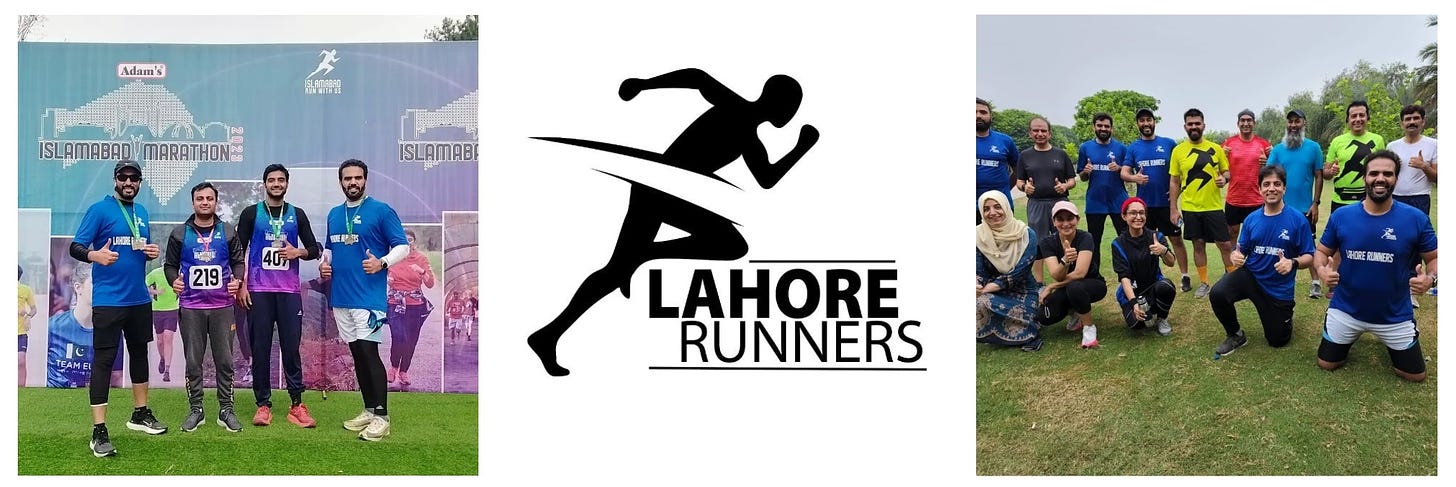 The Lahore Runners in action: at the Islamabad Marathon (l), the logo, and (r) on a group run in Race Course Park.