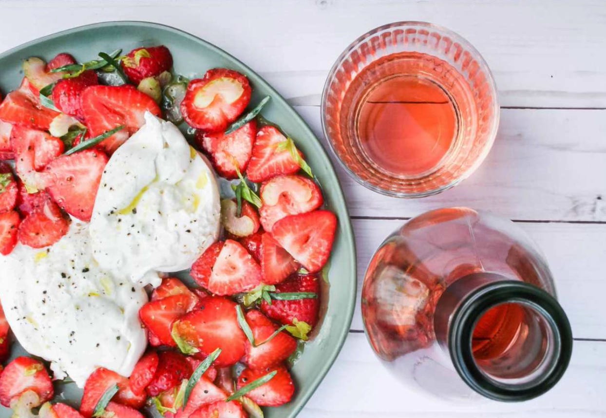 strawberry salad with burrata and rosé