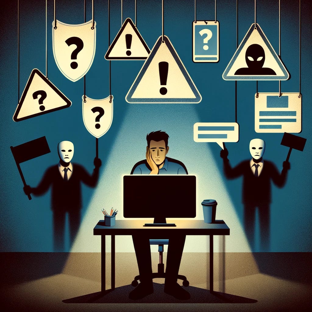 Create an illustration representing the dangers of online dating scams. The image should depict a person sitting in front of a computer, visibly stressed and surrounded by warning signs such as question marks, exclamation points, and representations of fake profiles. The background should subtly include shadowy figures holding masks, symbolizing deception. The atmosphere should convey caution and awareness without being overly dark, using a balanced color scheme to evoke a sense of alertness and the need for vigilance in online interactions.
