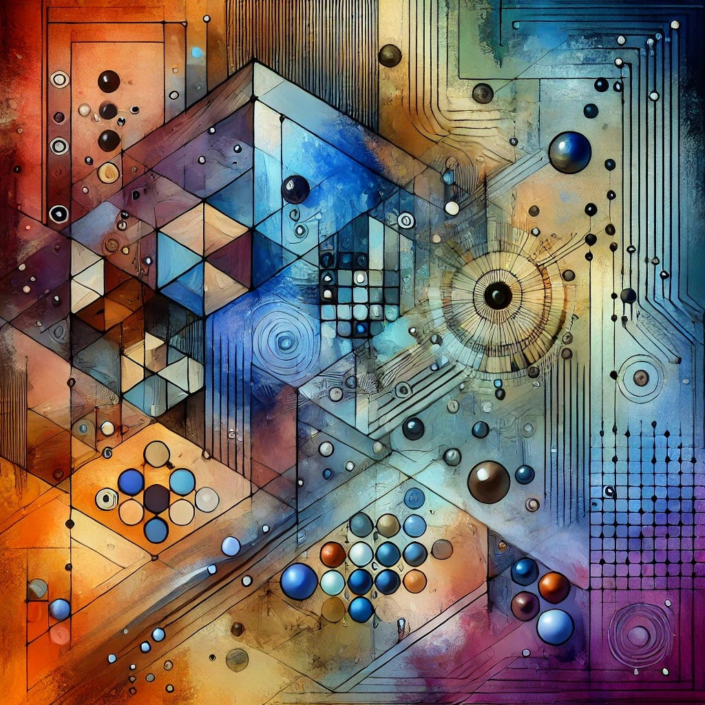 An abstract digital painting inspired by the theme of AI's evolution beyond automation. The composition features bold, layered geometric and organic shapes symbolizing higher-order thinking and reasoning. Vibrant contrasts of cool blues and purples with warm oranges and yellows create a sense of innovation and progress. Subtle textures evoke the complexity of AI-generated knowledge, with interconnected lines and floating elements suggesting the synthesis of ideas. The overall aesthetic is modern, dynamic, and thought-provoking, embodying the shift from automation to augmentation.