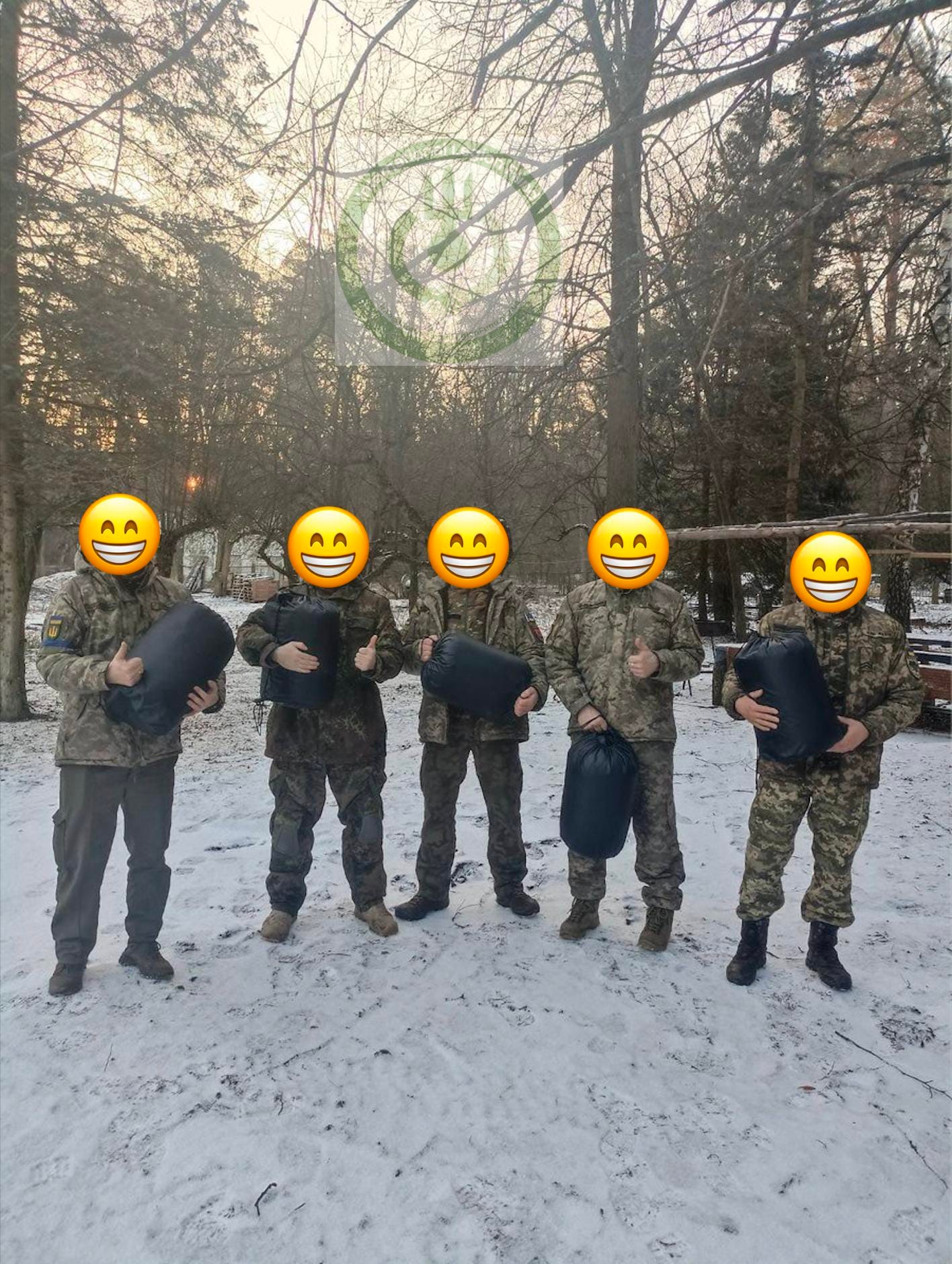 Soldiers from the 20th Special Task Battalion Battallion showing their appreciation for sleeping bags supplied by ILF, Feb. 2023